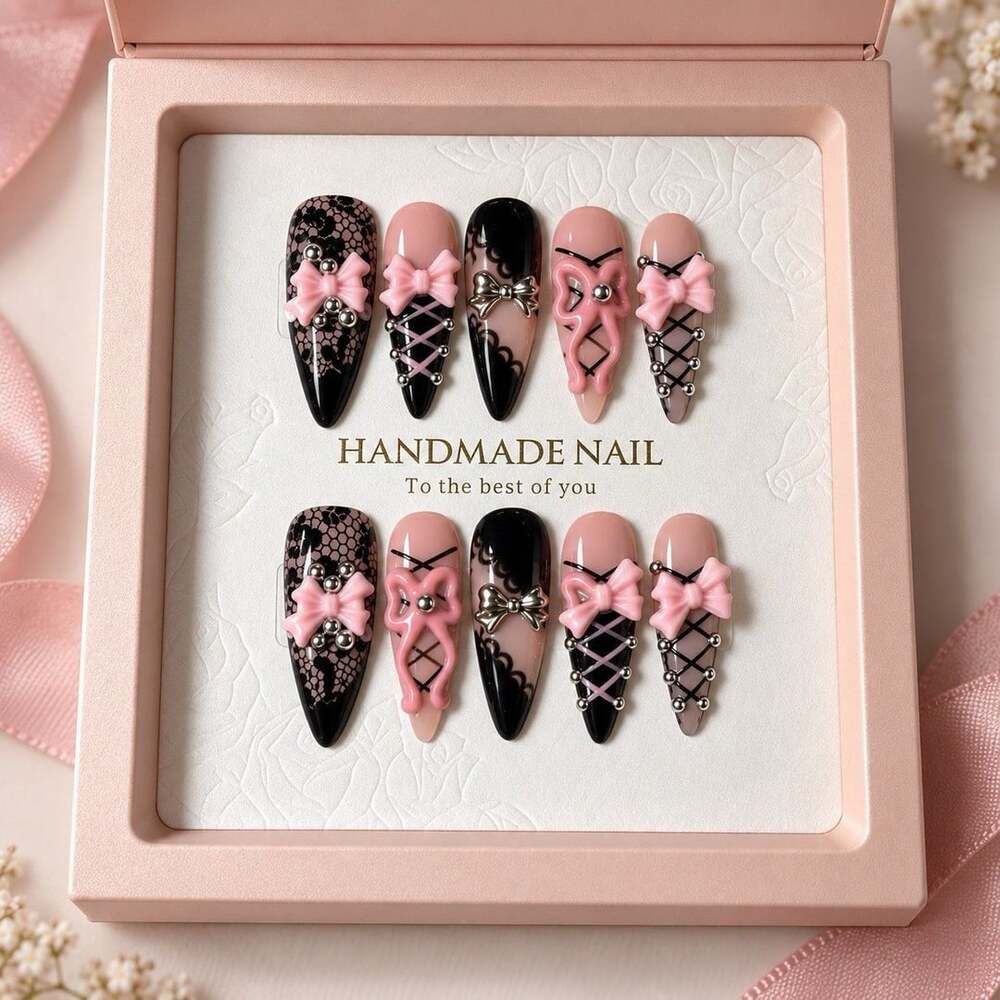 Reusable Pink Black Lace Bow Press On Nails Size S Almond Set #006